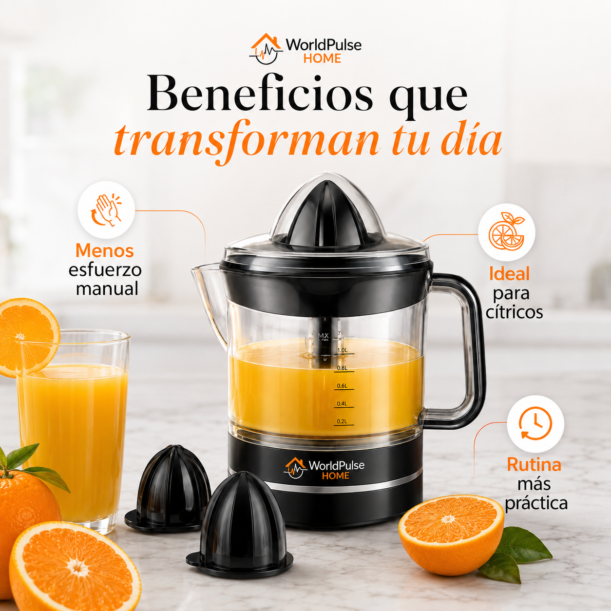Beneficios del exprimidor eléctrico WorldPulse Home: menos esfuerzo manual, ideal para cítricos y rutina más práctica, imagen promocional referencial