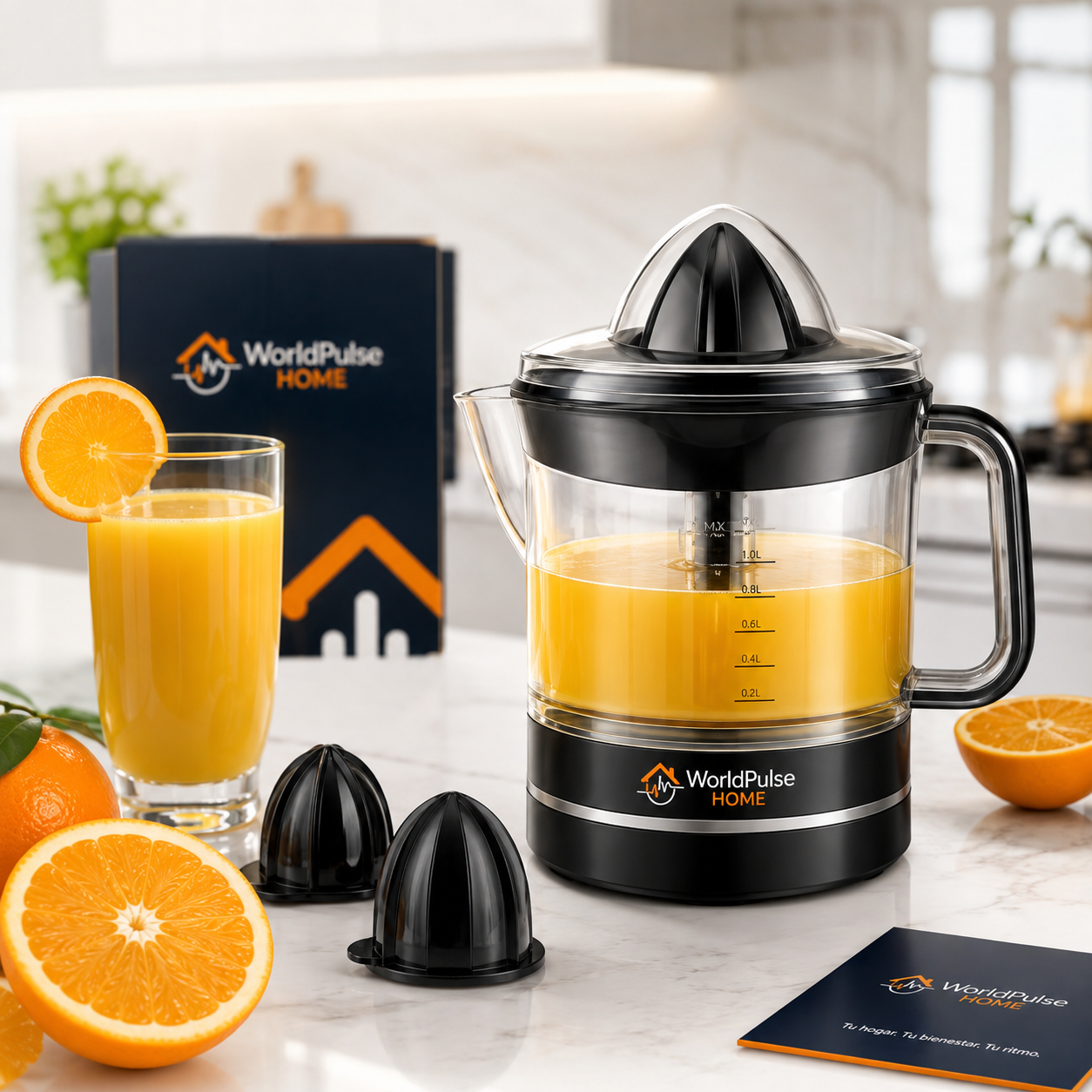 Exprimidor eléctrico negro WorldPulse Home en cocina luminosa con naranjas y jugo fresco, imagen promocional referencial