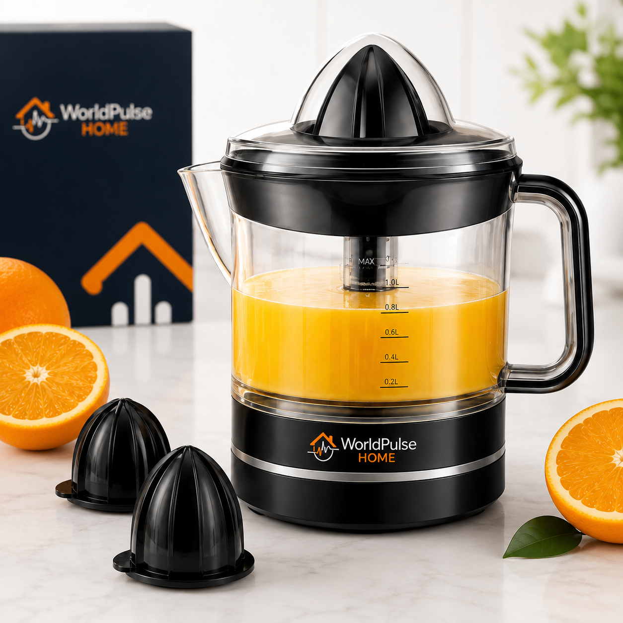 Exprimidor eléctrico negro WorldPulse Home con naranjas frescas sobre fondo de cocina, imagen promocional referencial